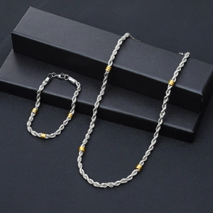 Juego de joyas de cadena de cuerda bicolor con eslabones plateados y perlas doradas