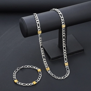 Conjunto de collar y pulsera Figaro de acero inoxidable bicolor con cuentas doradas