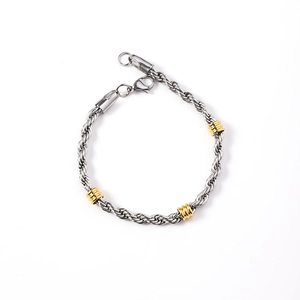 Pulsera de cadena de cuerda de acero inoxidable con cuentas doradas y cierre de langosta