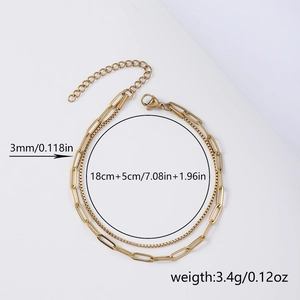 Double-layer stainless steel box and paperclip link chain bracelet in golden finish