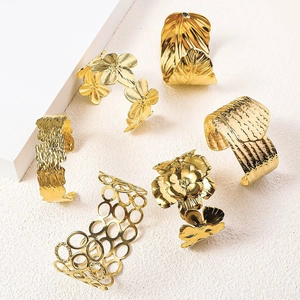 Irregular Hammered Stainless Steel Cuff Bracelet For Women 18K Gold Plated Vintage Flower Leaf Hollow Luxury Fashion Jewelry