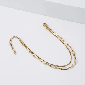 Detail of gold double-layer chain with paperclip and box links featuring lobster clasp