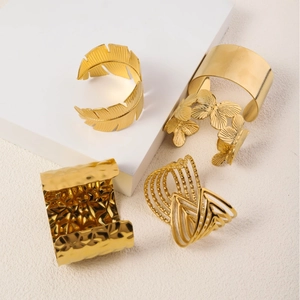 Exaggerated 18K gold plated stainless steel cuff bracelets with butterfly and feather textures
