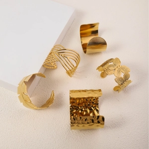 Set of 5 minimalist 18K gold plated stainless steel open bangles with unique textures