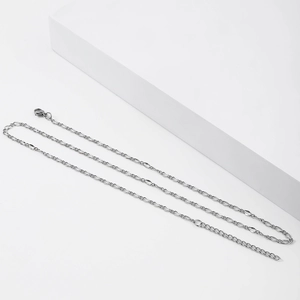 Detail of stainless steel lip chain with lobster clasp and adjustable extension chain