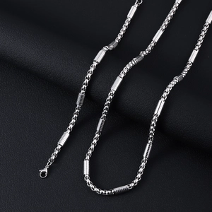 Polished stainless steel box chain necklace with cylindrical beads and lobster clasp