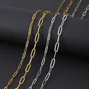 Detailed view of gold and silver stainless steel paperclip chain links on black display