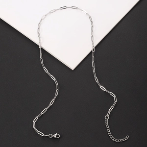 Detail of silver stainless steel paperclip link chain necklace with lobster clasp