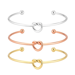 Three-piece stainless steel knot heart open cuff bangles in silver rose gold and gold finishes