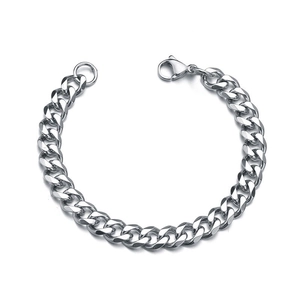 Classic silver stainless steel Cuban link bracelet with lobster clasp on white background
