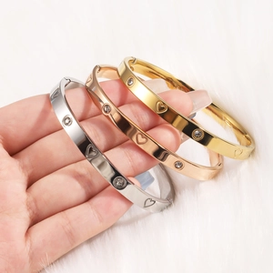 18K gold plated stainless steel heart bangle set with zircon stones for women
