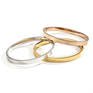 Three-color 6mm stainless steel hinged bangles in silver, gold, and rose gold finishes