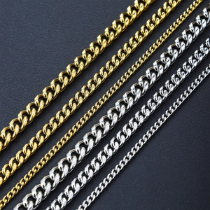 Polished stainless steel Cuban link chains in gold and silver colors with various widths