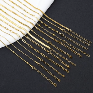 Detail view of various 18K gold plated stainless steel chain styles with lobster clasps
