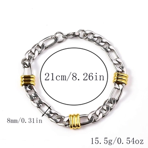 Detailed size specifications of men's stainless steel chain bracelet with gold accents