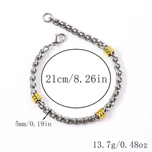 Detail view of wheat chain bracelet with gold beads, lobster clasp and size parameters