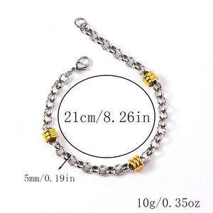 Detailed size view of silver stainless steel chain bracelet with gold threaded beads