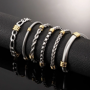Men Vintage Stainless Steel Bracelet Gold-Tone Bead Accents Figaro Snake Bone Twist Chain Two-Tone Fashion Jewelry Accessory Gift