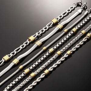Two-tone stainless steel chain bracelets with gold beads in various weave patterns