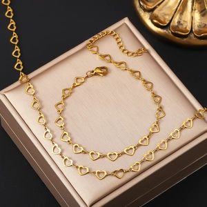 Stainless Steel Hollow Heart Necklace Bracelet Set For Women 18K Gold Plated Heart Link Chain Choker Versatile Jewelry