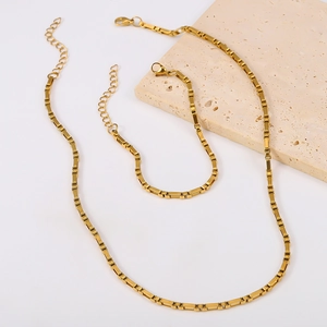 Polished 18K gold plated stainless steel rectangle link chain necklace and bracelet set