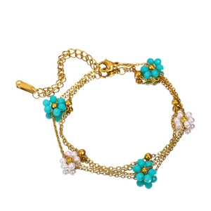 Bohemian gold plated stainless steel layered bracelet with turquoise floral beads
