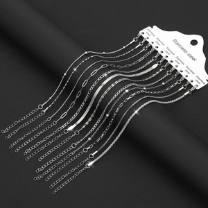 Macro shot of various stainless steel silver chain styles displayed on a white product card