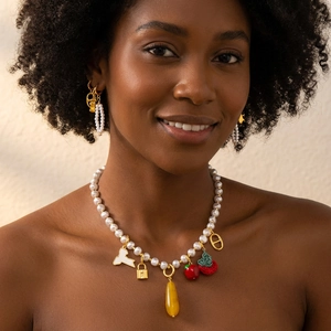 Collar con Colgante de Fruta Colorida Estilo Ins para Mujer Perla Artificial Lazo Taxi Dijes Cobre Chapado en Oro 14K Joyería Mujer