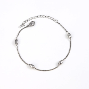 Elegant silver stainless steel bracelet featuring four polished oval beads and adjustable chain