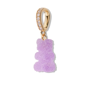 Detail of purple gummy bear pendant with a sparkling gold cubic zirconia hoop