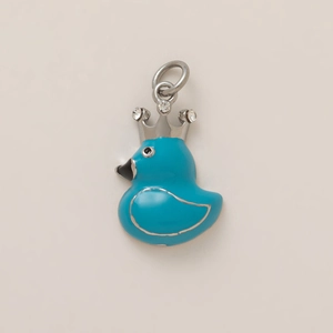 Detailed close-up of a blue enamel duck pendant with a diamond-studded silver crown