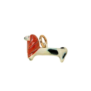 Ciondolo a forma di cane in ceramica dipinto a mano con strisce rosse e anello d'oro