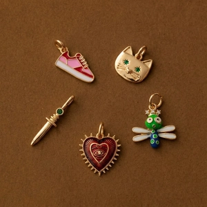 5-piece gold-plated enamel charms including sneaker, cat, sword, heart and dragonfly
