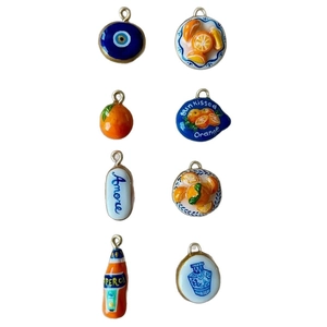 Set of 8 colorful 18k gold plated stainless steel enamel charms with food and fruit motifs