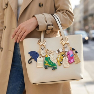 City theme colorful bag charms with roller skates, umbrella and travel tag on tote bag