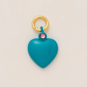 Teal enamel heart pendant with pink rhinestone and golden ring for DIY jewelry