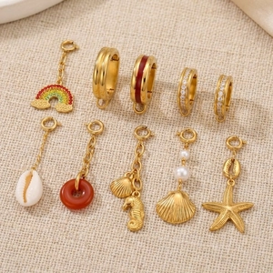 Stainless Steel Marine Theme Pendant Bikini Connector Buckle DIY Jewelry Making Shell Seahorse Starfish Rhinestone Hamsa Charm Accessories