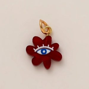 Pendentif fleur rouge avec motif Evil Eye bleu et attache dorée en métal poli