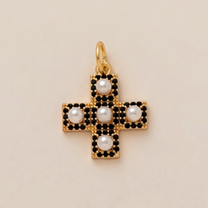 Cross pendant in gold metal featuring white pearls and black gemstones for jewelry DIY