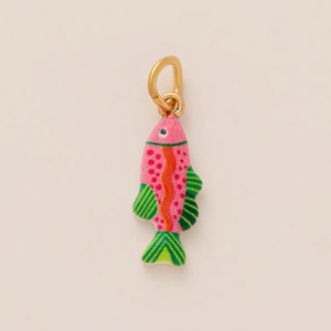 Pink enamel fish charm with colorful wave patterns and a gold-plated metal ring loop
