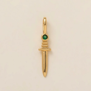 Golden dagger pendant with a round green gemstone setting and intricate vintage details