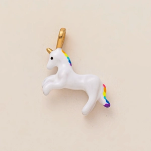 Unicorn pendant in white enamel with gold accents and rainbow mane for jewelry DIY