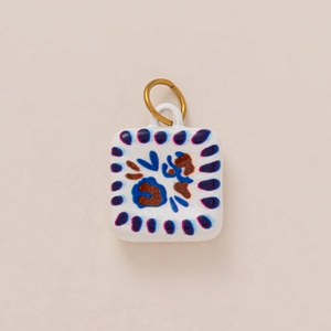 Square ceramic fish can pendant with hand-painted floral motifs and 18K gold plated ring