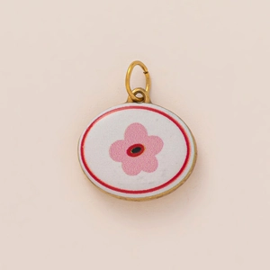 Oval 18K gold-plated stainless steel sardine can charm with pink flower enamel inlay