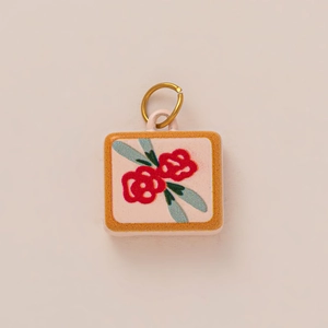 Square floral pendant with 18K gold plating and pink porcelain flower pattern
