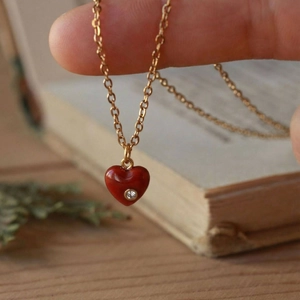 18K gold plated stainless steel necklace with a red heart pendant and small zircon stone