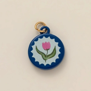 Gold-plated round pendant with blue enamel and pink tulip flower charm accessory
