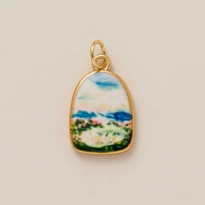 Artistic landscape landscape enamel pendant charm with golden frame and blue sky painting