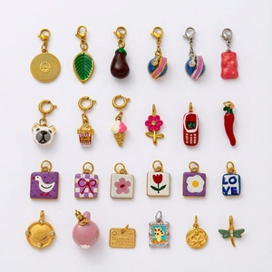 Variety set of 24K gold plated 18K enamel charms with diverse floral and animal shapes