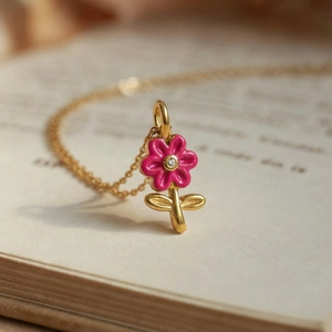 18K gold plated stainless steel flower necklace with pink enamel and zircon pendant